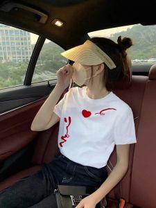 Chinese Style Retro Pure Cotton T-Shirt round Neck Creative Heart Print Tops Womens Summer Fancy Short Sleeve Chinese Fad Ins
