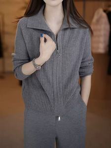 Elegant Grey Stand Collar Knitted Sweater Womens Autumn Winter New Style Korean Double Zipper Loose Anti-aging Cashmere Base Coat