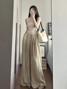Quần Ống Rộng Xếp Ly Mỏng Mùa Hè Cho Nữ Dáng Rộng Thoải Mái Màu Be Cỡ Lớn Dáng Rộng Phong Cách Nhật Bản
