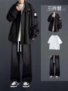 American Style Mens Casual Jacket And Pants Set Spring Autumn Trendy Brand Teenage Three-piece Suit Long Sleeve Outerwear