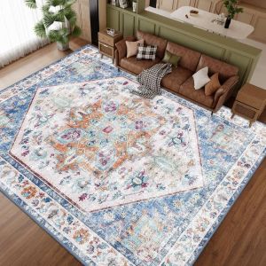 Thảm Trải Sàn Ba Tư Màu Xanh Giặt Máy Được Chống Trơn Trượt Lông Ngắn Phong Cách Bohemian Cổ Điển Phong Cách Phương Đông Dùng Cho Cửa Ra Vào Kiểu Hiện Đại Chống Thấm Nước