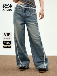 GUKKS High Waist Wide Leg Denim Jeans Womens Lace Patchwork Loose Fit Straight Cut Summer Vintage Light Blue Casual Jeans