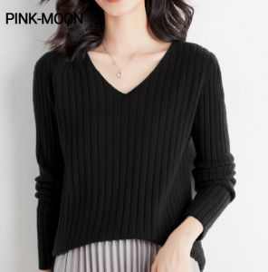 PM Loose V-neck Long-sleeved Knitted Sweater Solid Color Top