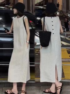 French Elegant Back Buckle Sleeveless Dress Casual Loose Slimming Split Long Skirt for Women Summer New Style A-Line Midi Dress