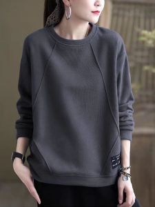 เสื้อสเวตเตอร์คอกลมแขนยาวหลวมๆ ผ้าฝ้ายแท้ อบอุ่น ลำลอง ขนาดใหญ่ พิมพ์ลาย เสื้อเชิ้ตฤดูใบไม้ร่วง/ฤดูหนาวสำหรับผู้หญิง