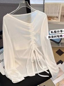 เสื้อยืดแขนยาวผู้หญิงฤดูร้อน ดีไซน์เก๋ไก๋ คอวี ทรงสลิมฟิต เสื้อคลุม เสื้อผ้าทำงาน สไตล์เกาหลี ปกติ