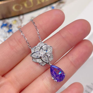 Youngver Luxury Rose Flower Necklace Fashionable Waterdrop Tea Flower Pendant Alloy Pear Shape Purple Diamond Original Design for Women