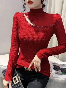 Nữ Áo Đế Khoét Hở Tay Dài Nửa Cao Cổ Áo Áo Thun Bên Trong Mặc Bên Trong Gợi Cảm Đính Hạt Phong Cách Châu Âu Mùa Thu Mùa Đông Hàng Mới Về