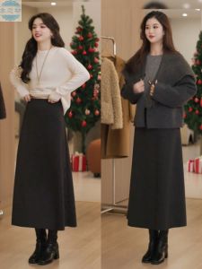 Deep Grey Woolen Midi Skirt Womens High Waist Loose A-Line Skirt Casual Style Spring Autumn New Arrival plus Size Fashion