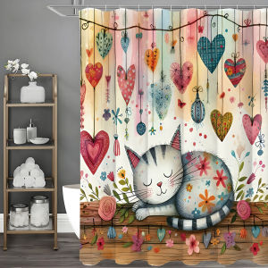 Cute cartoon cat love flower and grass shower curtain bathroom decorative shower curtain waterproof shower curtain with hooks