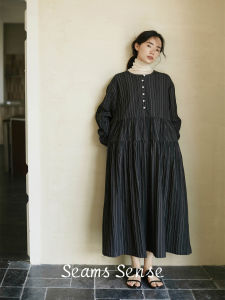 Loose Fit Striped round Neck Maxi Dress Color Woven Cake Style Long Skirt A-Line Gown Cotton Lyocell Nylon Fabric Spring Autumn