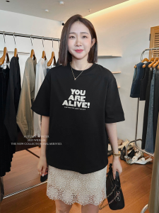 Widelia Summer New round Neck Letter Print Short Sleeve T-Shirt Women Loose Slimming Versatile Anti-aging Top 7283