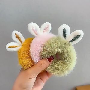 NICE CHILD Ikat Rambut Anak Telinga Rabbit Bulu Halus Elastis Karet Berbulu Warna Warni Polos