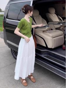 Green Knitted Short Sleeve Top And Skirt Two-Piece Set plus Size Summer Fashion Outfit Tea-Themed Ensemble Complete Look