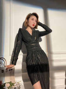 XULU Original Knitted Deep V-Neck High Waist Long Sleeve Gold Embossed Dress Elegant Luxury Black Gold Asymmetrical Dress