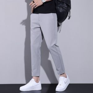 ROMON | Romon Mens Slim Fit Straight Leg Business Suit Pants Summer Thin Ice Silk Casual Blue Long Trousers Fashionable Nine-Piece Pants