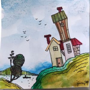 wall art mini watercolor painting with frame (4x4 inches)