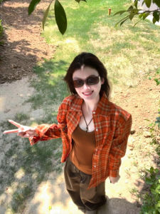 XIANGBAIWEI | Vintage Orange Plaid Loose Casual Shirt