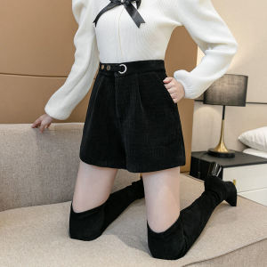 กางเกงขาสั้นผ้ายืดคอร์ดูรอยเอวสูงสำหรับผู้หญิงในฤดูใบไม้ร่วงและฤดูหนาว กางเกงขายาวลำลองทรงหลวมสำหรับใส่ไปทำงานและงานปาร์ตี้