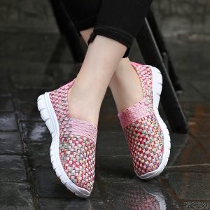 Handwoven Elastic Band Slip-On Flat Womens Shoes Breathable Large Size Comfortable Mom Shoes Lightweight Summer Flats
