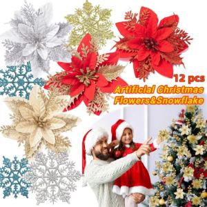 12PCS/Set Christmas Tree Decor Glitter Poinsettia Artificial Flowers snowflake New Year Ornaments