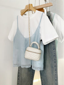 Áo Thun Tay Ngắn Màu Xanh Nhạt Áo Thun Hai Mảnh Áo Thun Nữ Cỡ Lớn Áo Thun Mùa Hè Áo Thun Cổ Tròn Tay Ngắn Áo Thun Phong Cách Hàn Quốc