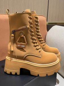 Womens Martin Boots Increased Height Casual Thick Bottom Short Boots Spring Cross Buckle Large Yellow Boot Korean Style