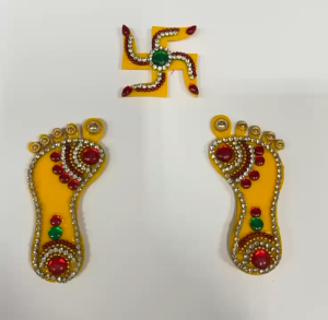 Traditional Lakshmi Charan Paduka Floor Rangoli with Stone Moti | Auspicious Goddess Feet Pagla for Mandir Diwali & Home Décor (Set of 3)