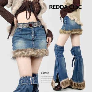 กระโปรงยีนส์สั้นเอวสูงสไตล์อเมริกันย้อนยุคสำหรับฤดูใบไม้ร่วงและฤดูหนาว กระโปรงสั้นทรงเอเอวสูง ชุดกระโปรงสั้นผู้หญิงพร้อมเสื้อผ้าคลุมขาขนแกะ