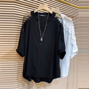 Plus Size Womens Pure Color Casual V-Neck Rhinestone Embellished Mesh Shoulder Top Summer Long Sleeve Pullover T-Shirt