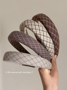 Retro Plaid Sponge Hairband Womens High Forehead Face Slimming Hair Clip Early Autumn Elegance Versatile Headband