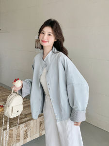 Light Blue Casual Short Jacket Womens Spring New Style Commute Loose Fit Button Splice Pocket Long Sleeve Stand Collar Coat