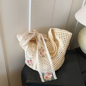 Summer Lace Bow Tote Bags Women Raffia Knitting Woven Shoulder Bag 2025 Rattan Large Casual Crochet Shopping Bag Ladies Handbag
