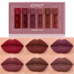 DUNUF 6 ชิ้นชุด Matte Easy สี Velvet Lip GLOSS การพัฒนาสีกันน้ํา Non-Stick Lip Glaze ชุด