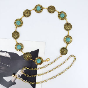 1 piece of retro gold circular inlaid turquoise womens fashionable metal belt Y2K luxury dress decoration accessory waist chain
