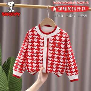 Snoopy Girls Knitted Sweater Coat Fresh Style Fleece Lined Plaid Baby Jacket Soft Cotton Polyester Fabric Autumn Winter Kids Clothes