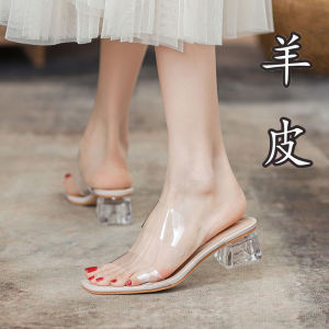 Transparent Crystal Heel Sandals Womens Summer Fashion Outdoor Slippers High Heels Ladies Slip-On Sandals Korean Style Low Cut