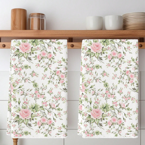 2Pcs French-Style Romantic Pink Rose Kitchen Towels 40Cm*60Cm Towel Set Super Absorbent Soft Cleaning Cloth Cooking and Baking Tea Towel Hand Towel Cleaning Cloth Dishcloth Kitchen Decoration Living Room Decorations Kitchen Essentials Home E...