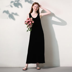 Miccbeirn | Elegant Long Sleeveless Velvet Dress Silk Chiffon U-neck Gown Luxury Spring New Style Black Strap Dress For Women