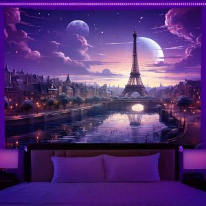 VIKAMA Dream Paris Tapestry Eiffel Tower Double Moon Star River Starry Sky Bedroom Background Ins Style Atmosphere Decoration
