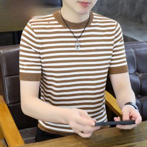 HENGYUANXIANG | Áo thun nam cổ tròn tay ngắn sọc mỏng bằng lụa băng thời trang mùa hè thường ngày thoáng khí thoải mái mặc trong