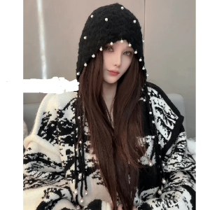 Handcrafted Pearl Tassel Knitted Hat Womens Fashionable Versatile Korean Style Autumn Winter Woolen Cap Sweet Cute Style