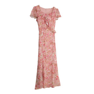 French Style Rose Print Square Neck Ruffle Hem Cinched Waist Maxi Dress