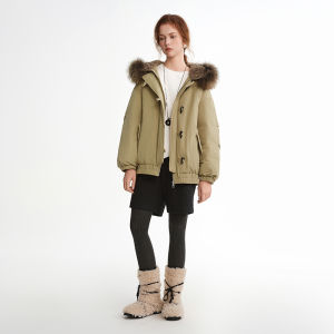 DUSHU | Winter Warm Horn Button Raccoon Fur Collar Down Jacket