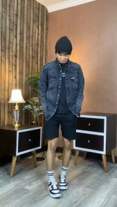 Kemeja Pria Lengan Panjang Denim Keren Trend Terbaru Brutalist Baju Pakaian Kemeja Pria Cowok Dewasa