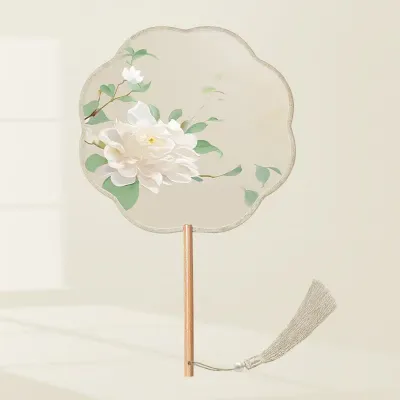 Summer Embroidered round Fan Ancient Style Dance Fan Cheongsam Long Handle Semi-Transparent Children Girls Hanfu Qipao Fan