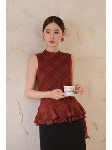 XXNING | Vintage Plaid Sleeveless Layered Ruffle Womens Blouse