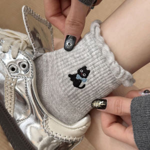 YOLO Socks Womens Spring and Summer Cotton Socks Cartoon Embroidered Lace Tube Socks Cute Animal Pattern Gray Sports Socks