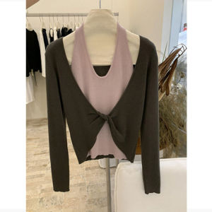 Womens Long Sleeve Knitted Sweater Neck Hanging Twist Soft Cozy Top Early Autumn Design Hollow out Fashion Korean Style