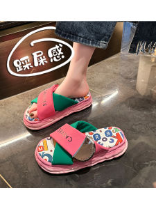 Fashionable Graffiti Thick Heel Womens Slippers Outdoor Wear Summer New Magic Tape Flat Sandals Casual Low Heel PVC PU